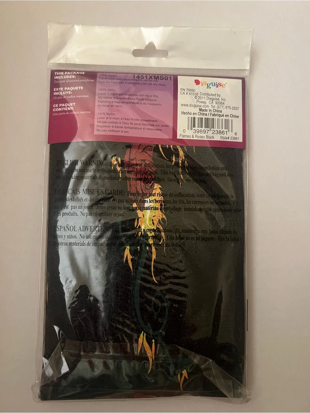 Disguise Flames & Roses Black Pantyhose Black NEW tights OSFM one size fits most